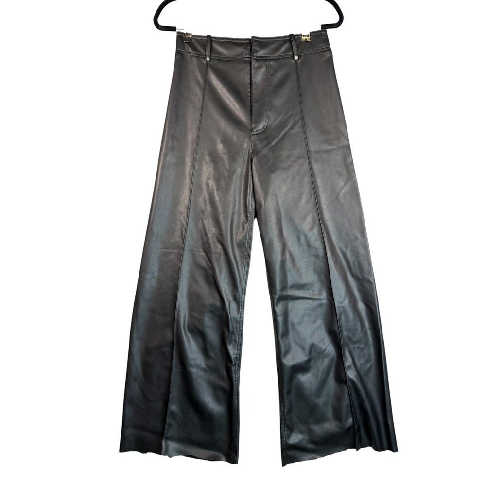 Zara Faux Leather Wide Leg Pants Black High Waisted Seam Front Size 4